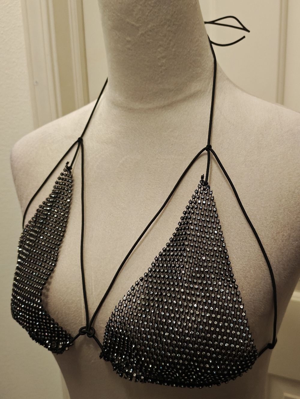 Black Rhinestone Fishnet Chainmail Raver Bikini Top. - Picture 4 of 9